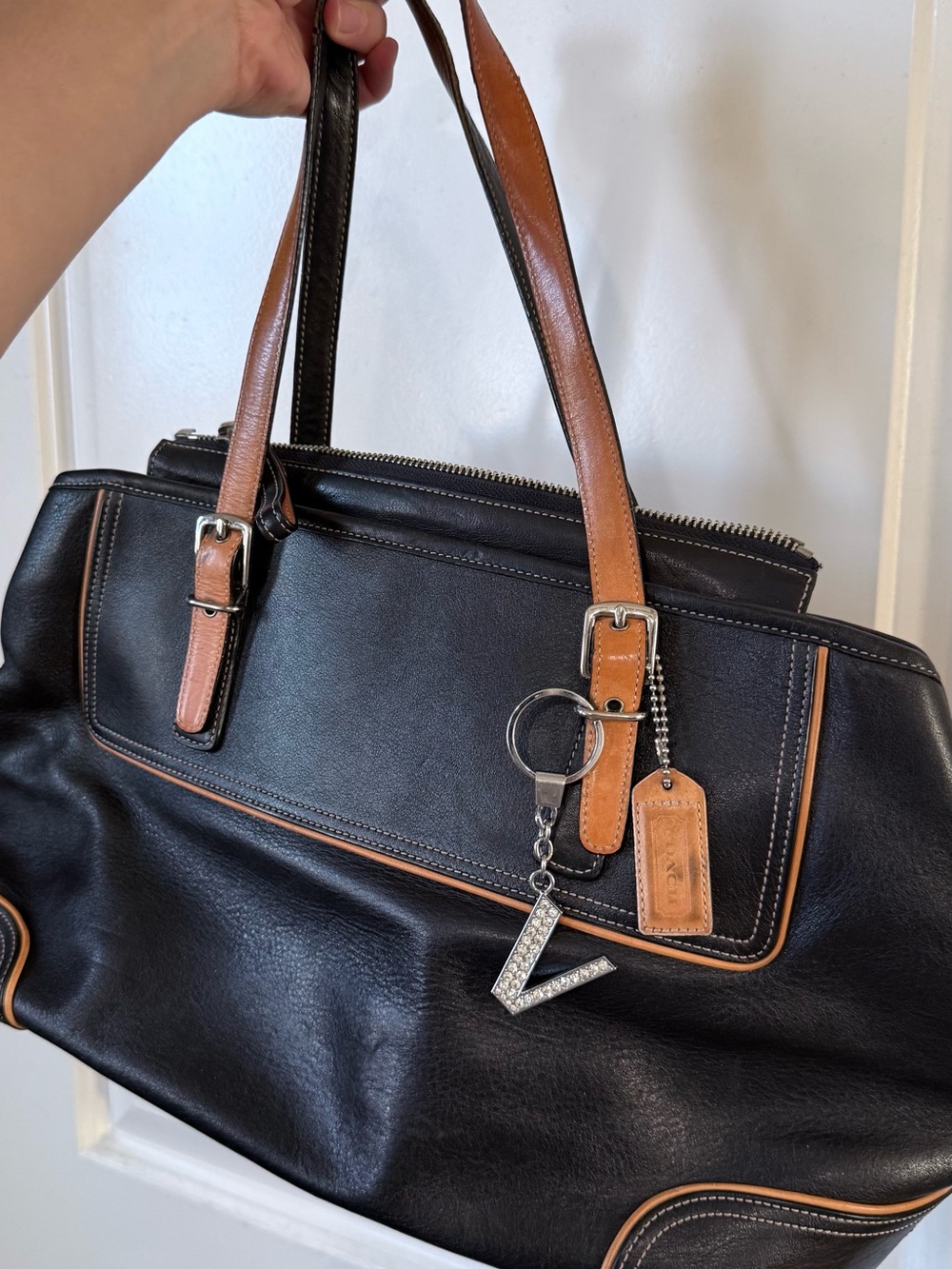 Black and Tan Leather Tote Bag with Contrast Trim